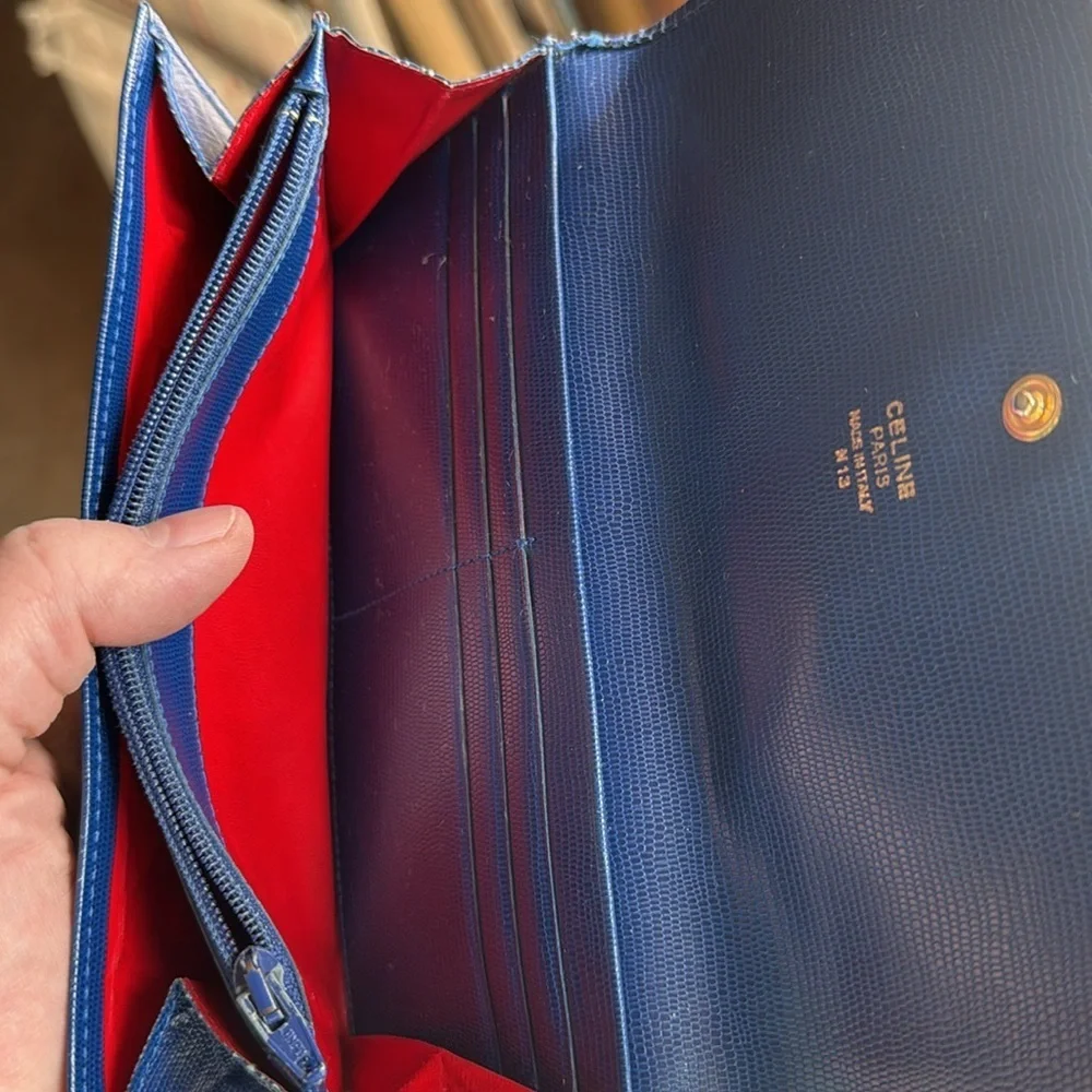 Celine Blue Leather Large Wallet Red Interior Continental Snap Italy - Picture 7 of 9